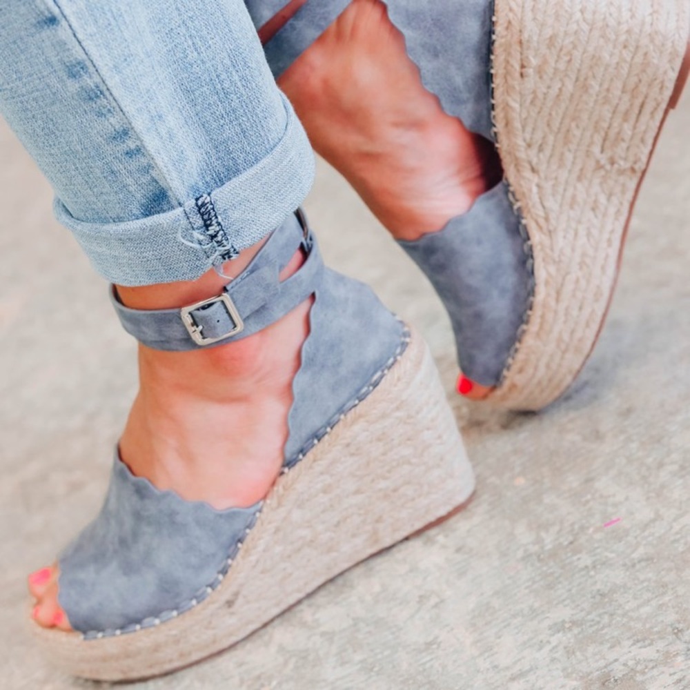 Gray Espadrille Scalloped Wedges
